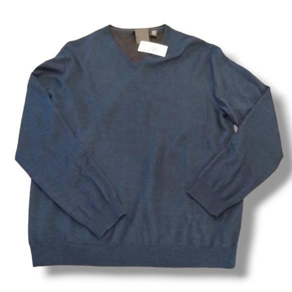 NWT Men's Calvin Klein 100% Extra Fine Italian Merino Wool Blue V-Neck Sweater - Picture 9 of 9